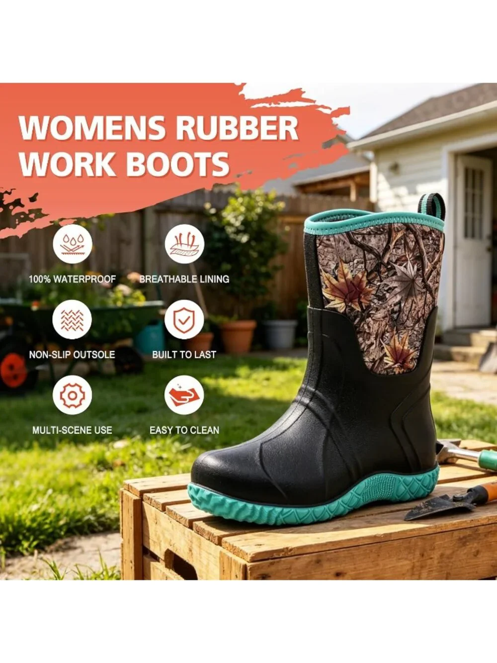 Women's Green Waterproof Breathable Mid Calf Design Garden Work Mud Rain Boots